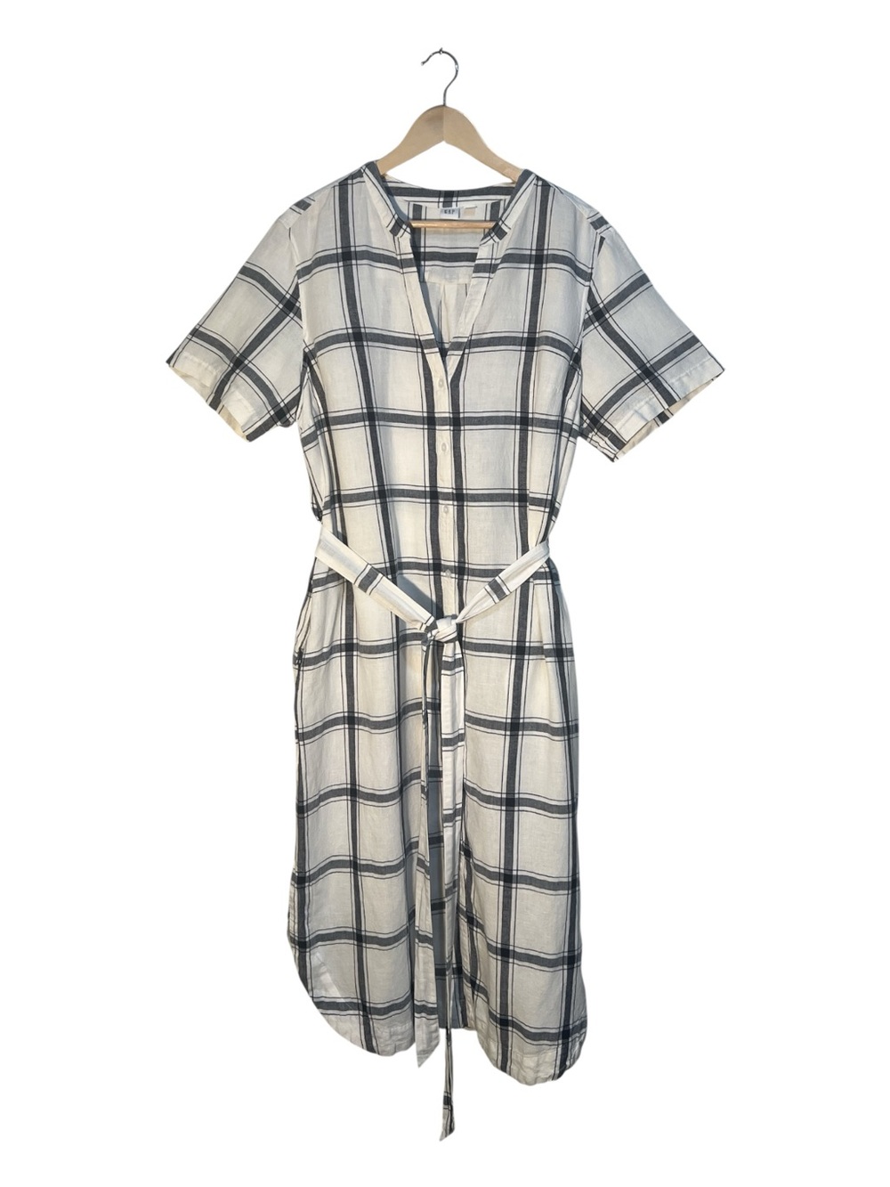 GAP Linen Blend Windowpane Plaid Shirt Dress Size 16 Belted Pockets